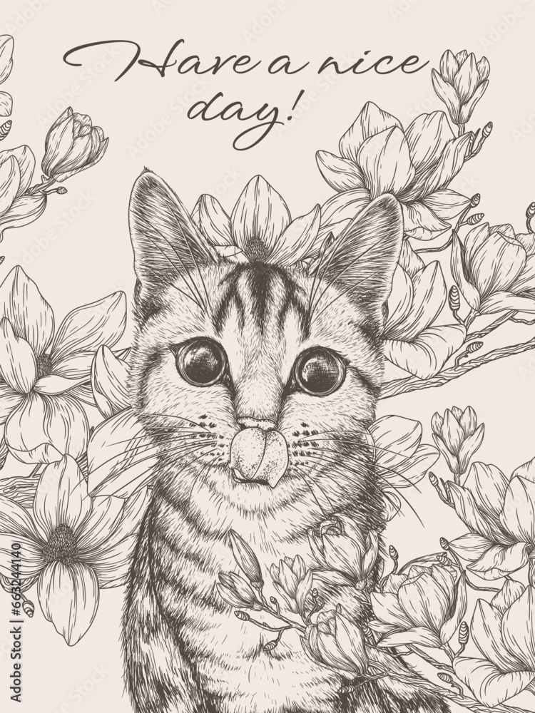 Vector illustration of a tabby cat surrounded by blooming magnolia in engraving style