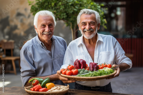 two smiling older men holding tray with vegetables  healthy eating and living concept