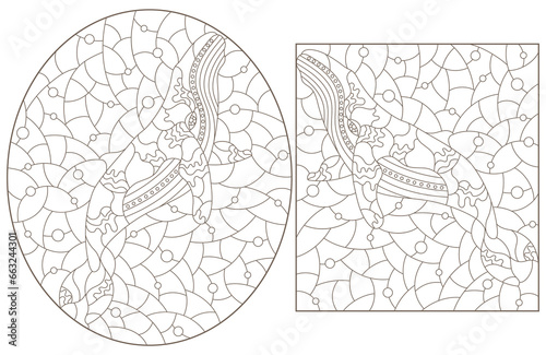 A set of contour illustrations in the style of stained glass with abstract whales, dark contours on a white background