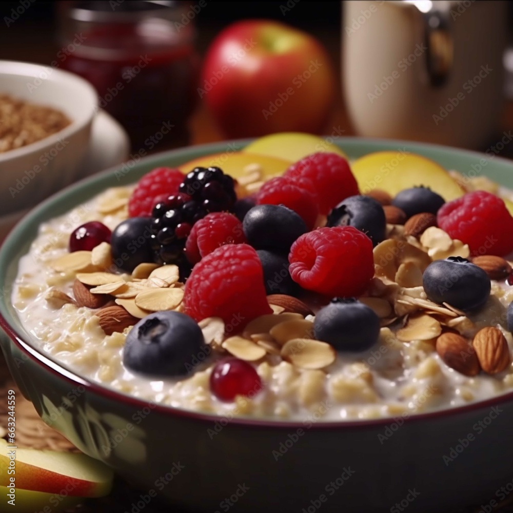 Oatmeal with fresh berries and nuts in a bowl on wooden background Oatmeal with fresh berries and nuts in a bowl on wooden background