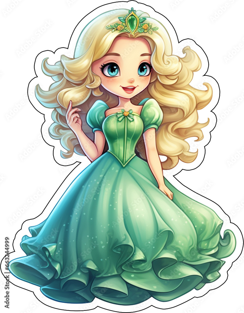 Green Princess Sticker with cut lines, Cartoon Style