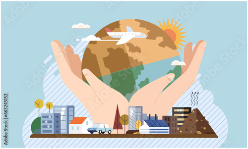 Save planet concept with hands holding globe  Earth hug drawing. Cute cartoon Earth Day. Sustainability  ecology or renewable energy to save environment from climate change or global warming