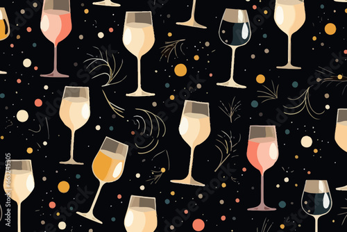 Champagne sparkle quirky doodle pattern, wallpaper, background, cartoon, vector, whimsical Illustration