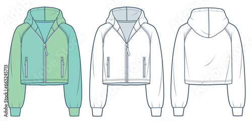 Crop Hoodie technical fashion illustration. Hooded Sweatshirt, Cardigan fashion flat technical drawing template, raw, raglan, zip-up, front, back view, white, green, women, men, unisex CAD mockup set.