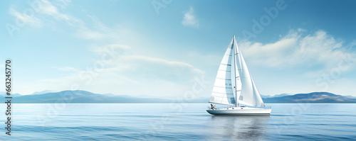 Small white sailboat on the blue sea in a clear day
