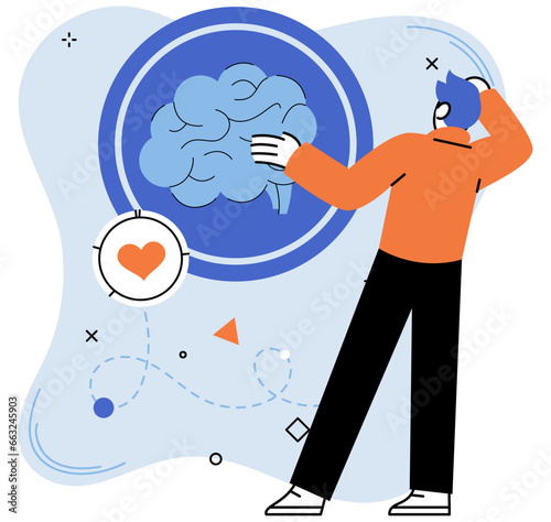 Pensive man standing and making business decision, thinking person and brain. Cartoon businessman choosing work strategy for success. Questions dilemma and options confusion concept, brainstorm