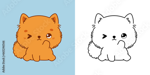 Cute Pomeranian Puppy Clipart Illustration and Black and White. Kawaii Clip Art Dog.