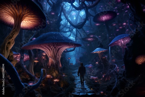 An immersive exploration of a dreamlike realm unfolds as an individual traverses a towering forest of vibrant fungi. Generative AI