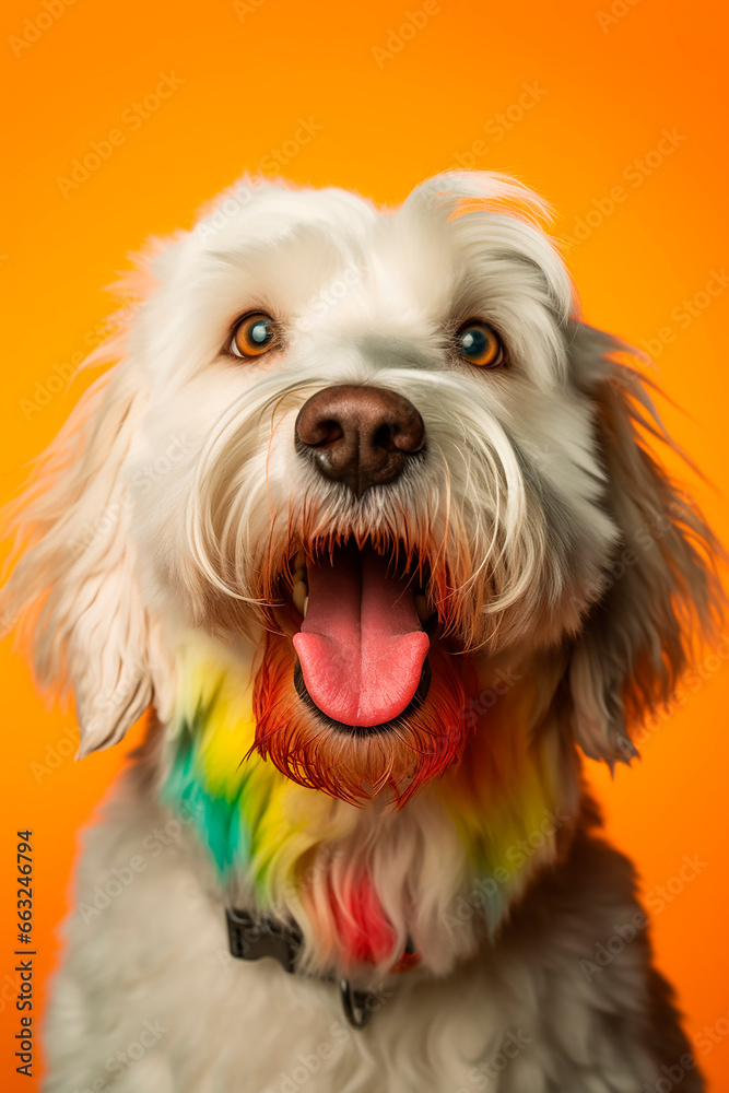 cool, funny, happy dog portrait in front of colorful background