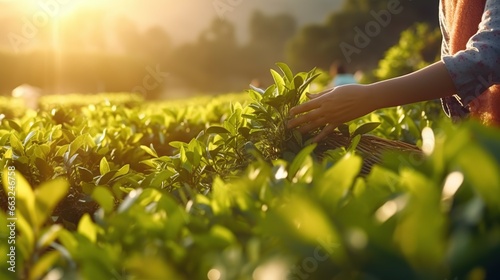 Tea picker women harvesting tea leafs in a tea plantation photo