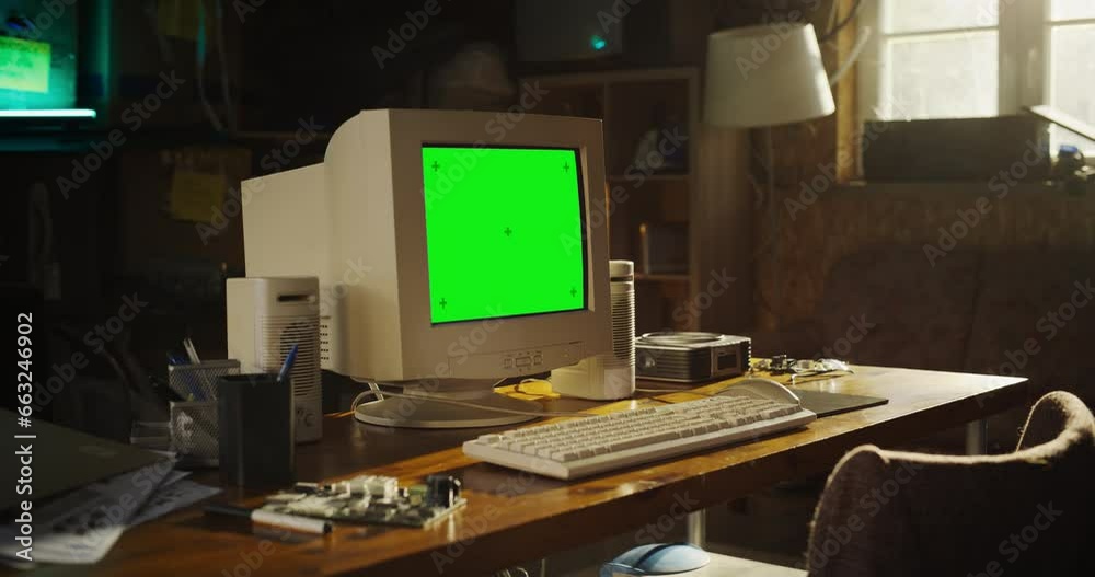 Empty Workplace Of Hardware Engineer In Retro Garage: Old Computer With Green Screen Chromakey On Display Standing On The Desk. Printed Circuit Board And Documents With Blueprints Laying On Table.