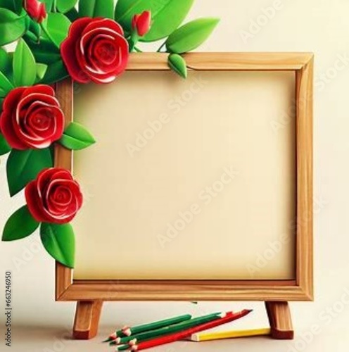 3D computer-rendered image of art board made up of a wood stand with colored pencils green leaves and red roses on a paper corner frame used as mock-up With realistic stylish background, 4k