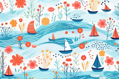 Seascape quirky doodle pattern, wallpaper, background, cartoon, vector, whimsical Illustration photo