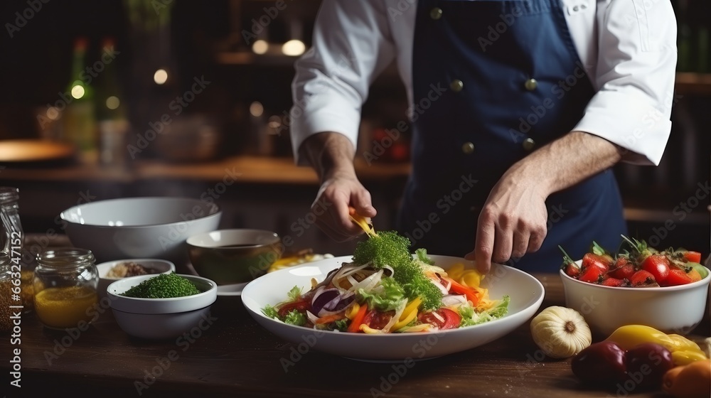 Professional Chef-cook Decorating Dish In Restaurant Kitchen Alone. Man In White Apron Makes Finishing Touch On DIsh. Culinary, Restaurant
