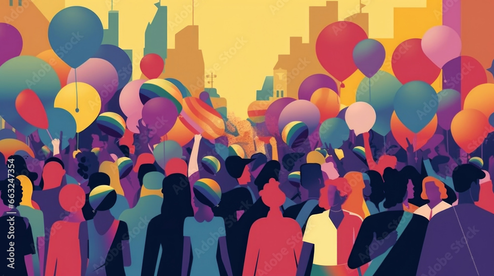 Generative IA illustration of Lgbt people tolerance, parade, flags, balloons, lgbtq + pride, two - dimensional illustration in flat colors