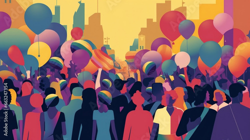 Generative IA illustration of Lgbt people tolerance, parade, flags, balloons, lgbtq + pride, two - dimensional illustration in flat colors
