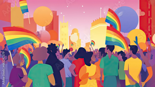 Generative IA illustration of Lgbt people tolerance, parade, flags, balloons, lgbtq + pride, two - dimensional illustration in flat colors