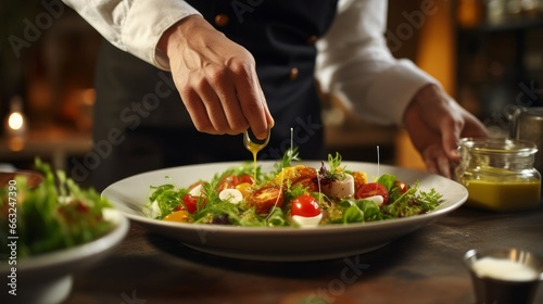 Professional Chef-cook Decorating Dish In Restaurant Kitchen Alone. Man In White Apron Makes Finishing Touch On DIsh. Culinary, Restaurant 