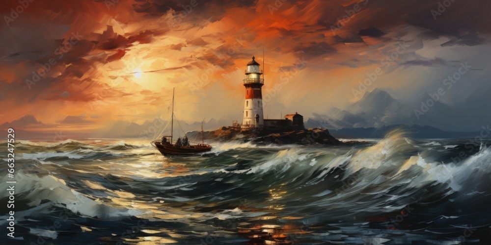 A painting of a lighthouse in the middle of the ocean. AI image.