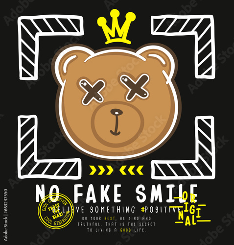 typography slogan with hand drawn bear doll vector illustration on black background, vector illustration, for t-shirt graphic.