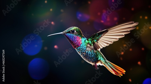 Wide-billed Hummingbird .Hummingbird, in flight facing away from the camera with colorful flowers in the background. © ellisa_studio