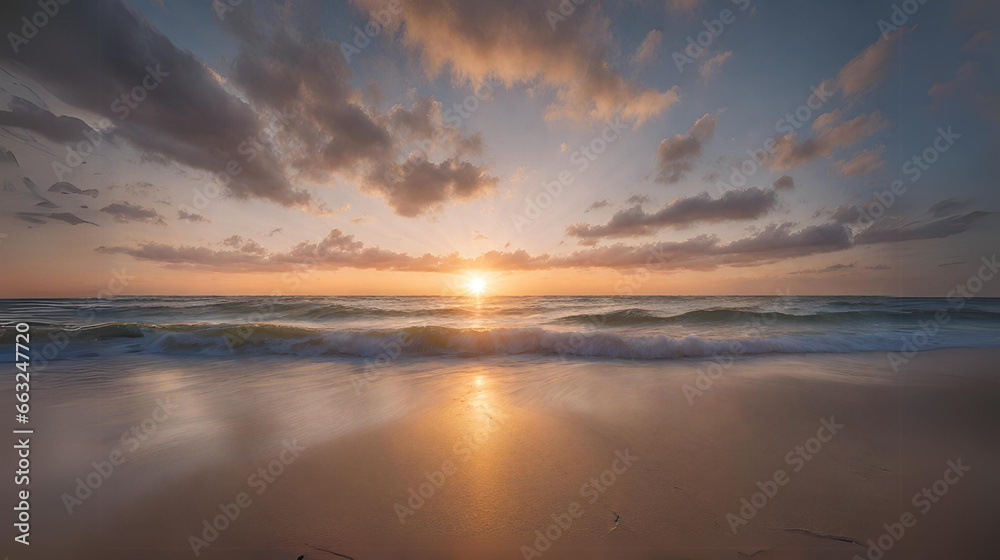 A Serene beach scene with the sun rising over the horizon.