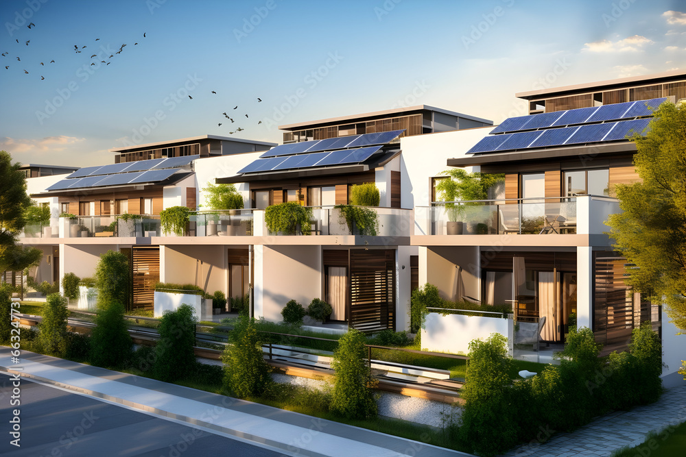 Green Living Modern Eco-Friendly Multifamily Homes Adorned with Photovoltaic Cells for Sustainable Living