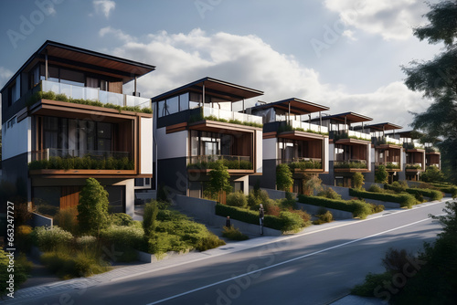 Green Living Modern Eco-Friendly Multifamily Homes Adorned with Photovoltaic Cells for Sustainable Living © Asiri