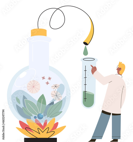 Natural medicine concept with scientist makes pill from herbal ingredients. Specialist pharmacist preparing herbal remedy to patient. Doctor develops ayurvedic homeopathic drugs of plants and extracts