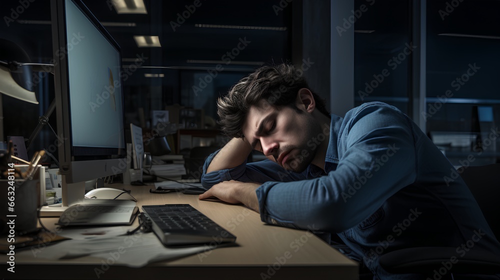 Overemployed and overworked employee struggling to poor time management. Exhaustion, and depression. Unhealthy work life balance and need for better stress management and selfcare in the workplace. Overemployed and overworked employee struggling to poor time management. Exhaustion, and depression. Unhealthy work life balance and need for better stress management and selfcare in the workplace.