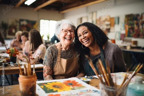 Cheerful middle aged woman with Young artist woman attend a painting workshop together and have fun. happy and cool smile on face. Generative AI photo