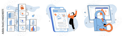 Cybersecurity concept set, secure passwords and site registration. Computer and smartphone protection by antivirus software. Secure login via internet from electronic gadget. Safe locked website using