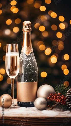 Photo of a glass of champagne next to a bottle on a festive table created with Generative AI technology