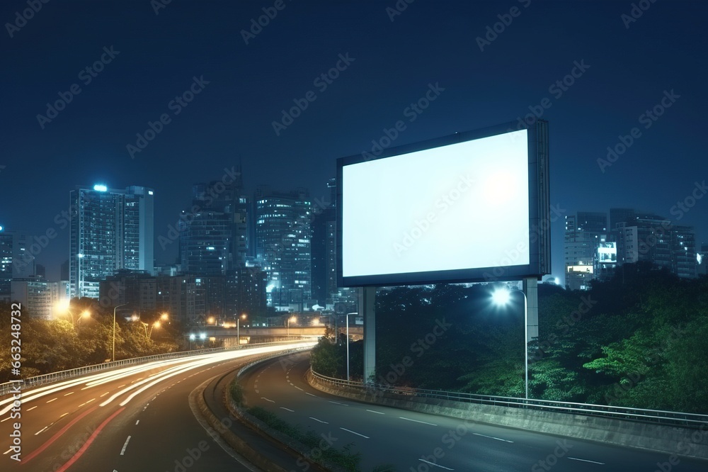 Blank sign on highway with city background with clipping path on screen - can be used for trade shows, promotional posters. Advertising concept