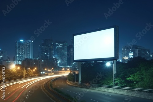 Blank sign on highway with city background with clipping path on screen - can be used for trade shows, promotional posters. Advertising concept
