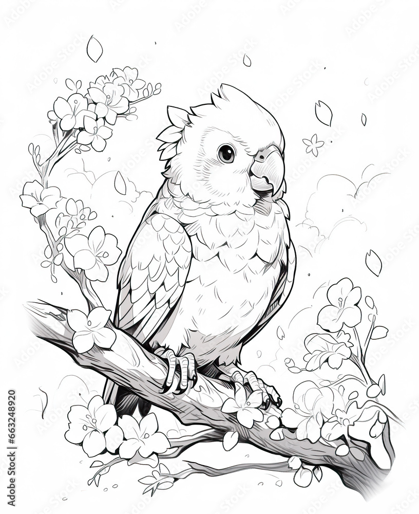 Obraz premium Black and white illustration for coloring birds, parrot.