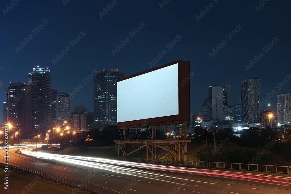 Blank sign on highway with city background with clipping path on screen - can be used for trade shows, promotional posters. Advertising concept Blank sign on highway with city background with clipping path on screen - can be used for trade shows, promotional posters. Advertising concept