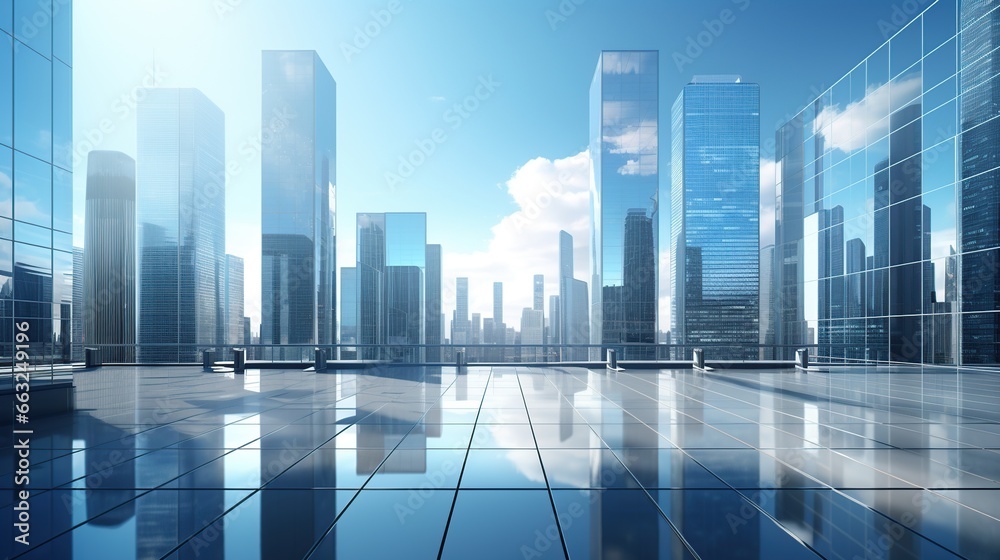 High office building next to contemporary high rise structures with glass mirrored walls. AI generated image