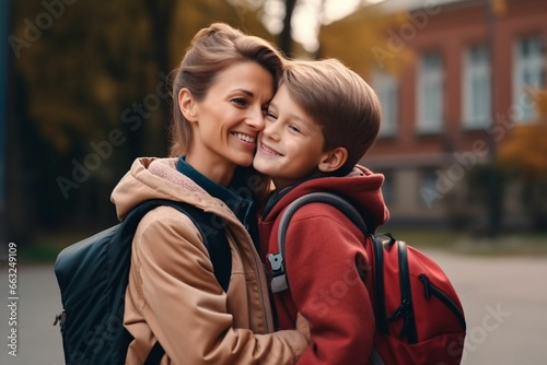 Little boy kissing her mother, Young mother hugging her son, Loving mother hugging son before school outside, Little male going to school, Happy woman embracing son 