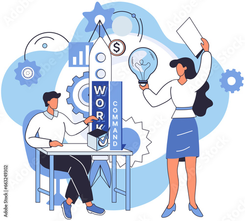 Team solving complex problems. Teamwork vector illustration metaphor. Coworkers characters communication Team building and business partnership concept Brainstorming team discuss about new project