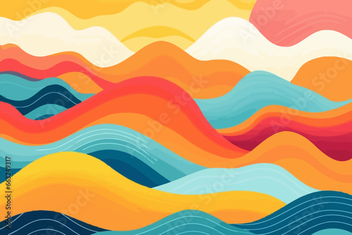 Sunrise over mountains quirky doodle pattern, wallpaper, background, cartoon, vector, whimsical Illustration photo