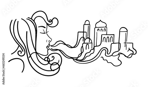 The girl smokes. A beautiful girl in profile exhales smoke in the form of houses. Linear style. Hand drawing.