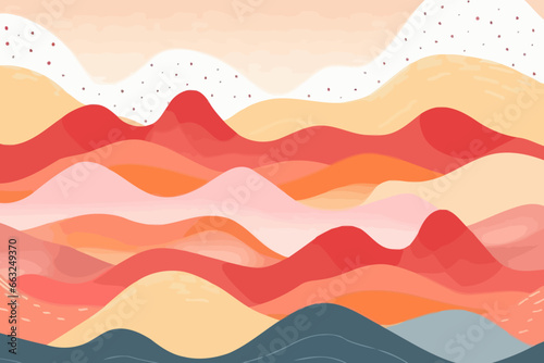 Sunrise over mountains quirky doodle pattern, wallpaper, background, cartoon, vector, whimsical Illustration