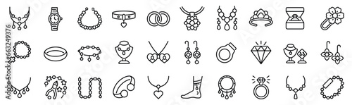 Set of 30 outline icons related to jewelry, necklace. Linear icon collection. Editable stroke. Vector illustration