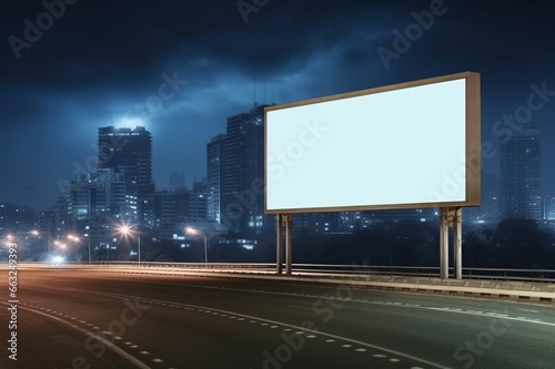 Blank sign on highway with city background with clipping path on screen - can be used for trade shows, promotional posters. Advertising concept © Vilaysack