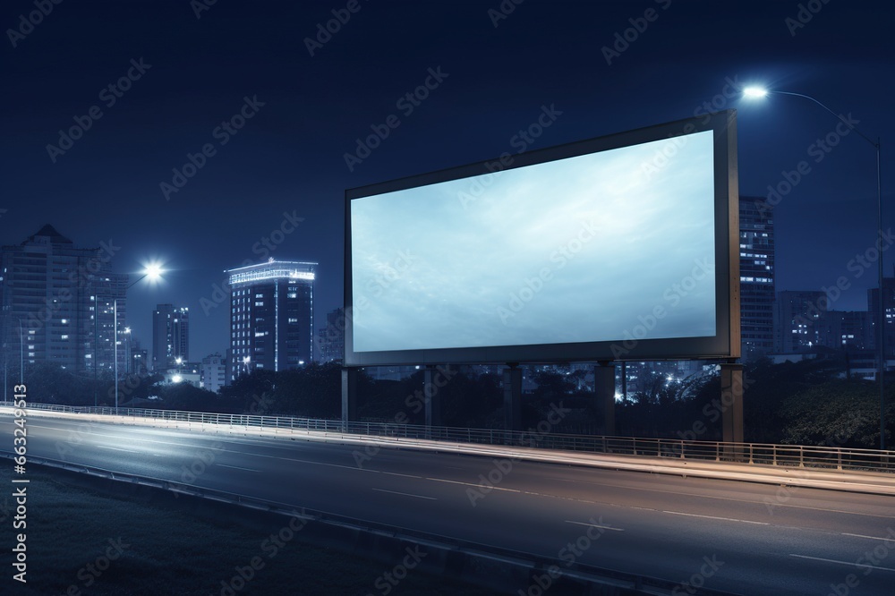 Blank sign on highway with city background with clipping path on screen - can be used for trade shows, promotional posters. Advertising concept