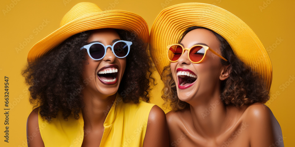 Portrait of two young women of different races laughing and having fun together on a yellow background - obrazy, fototapety, plakaty 