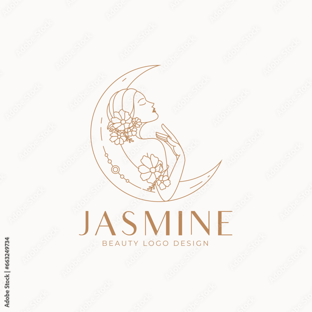 Beautiful Woman With Crescent Moon Line Art Logo