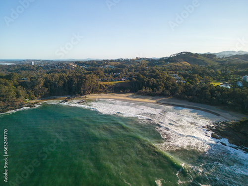 Aerial views of Charlesworth Bay in Coffs Harbour, New South Wales, Australia