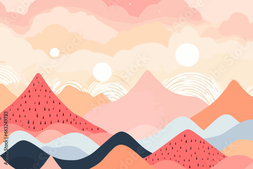 Sunset over mountains quirky doodle pattern, wallpaper, background, cartoon, vector, whimsical Illustration